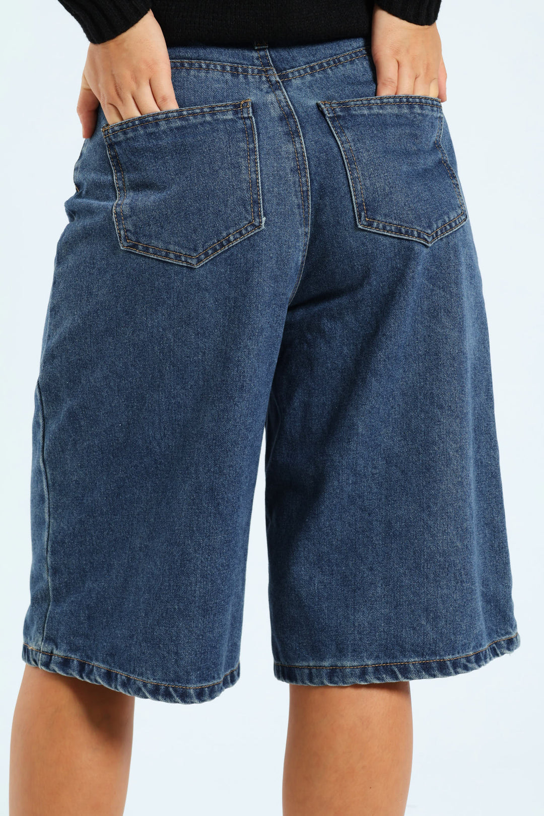 Wide Leg Bermuda Shorts - Mid Blue