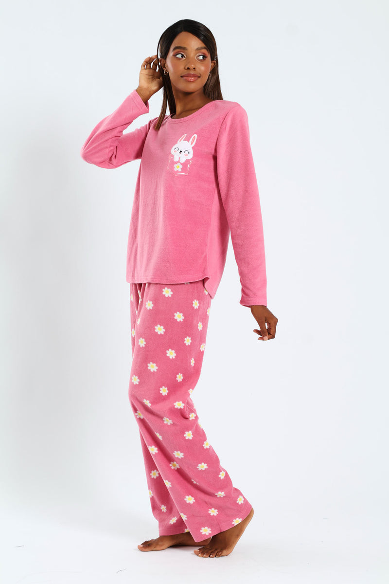 Polar Fleece Bunny Pocket Sleep Set - Pink