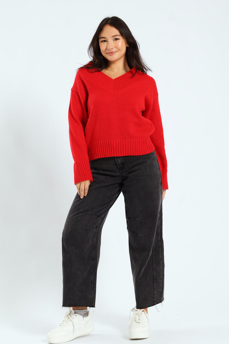 V-Neck Boxy Pullover - Red