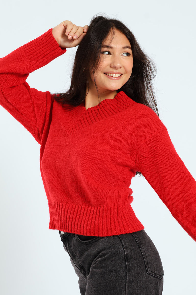 V-Neck Boxy Pullover - Red