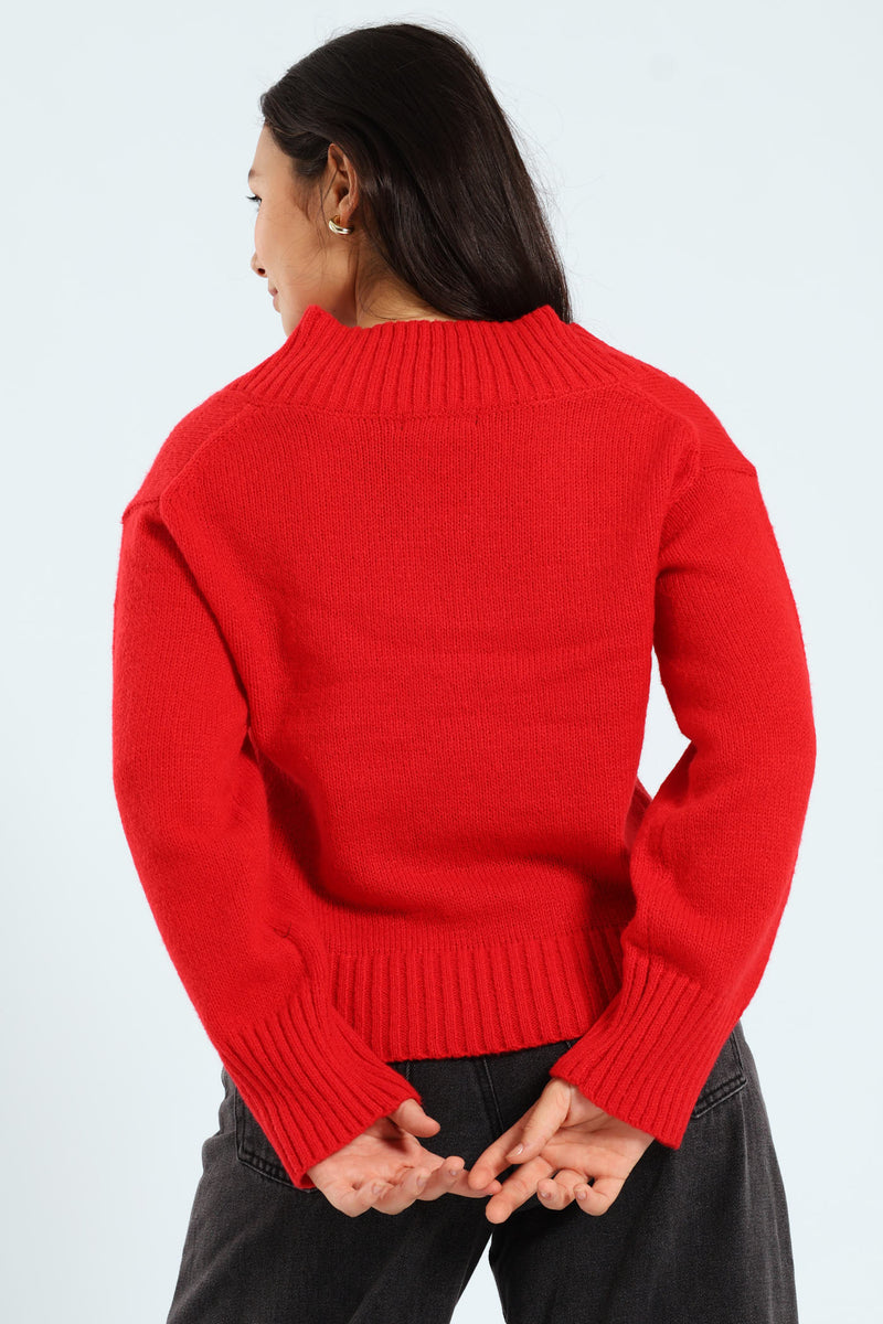 V-Neck Boxy Pullover - Red