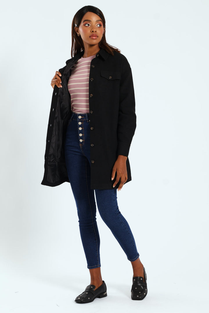 Curved Hem Lined Melton Shacket - Black