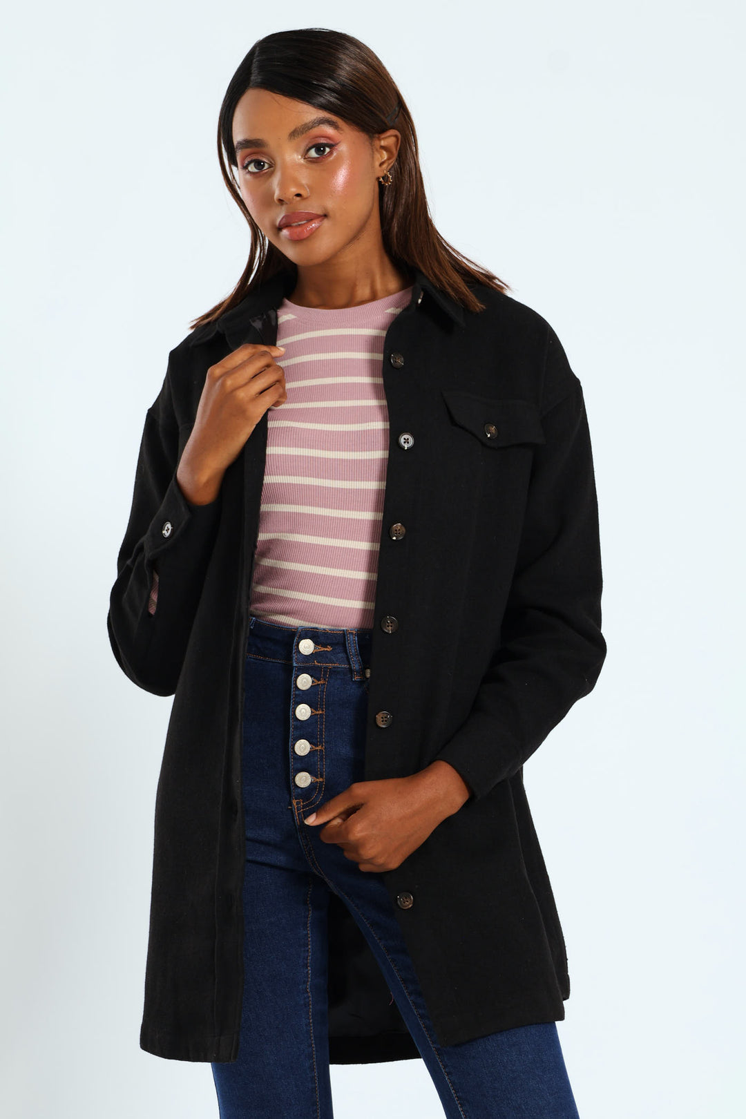 Curved Hem Lined Melton Shacket - Black