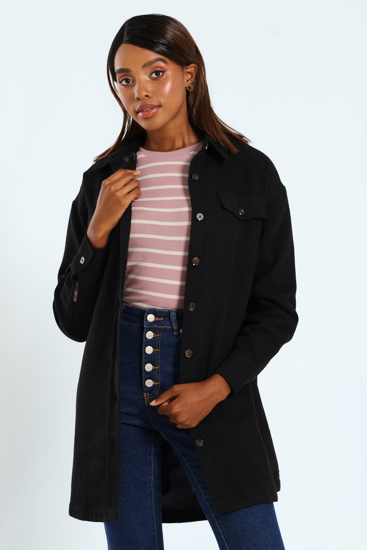 Curved Hem Lined Melton Shacket - Black