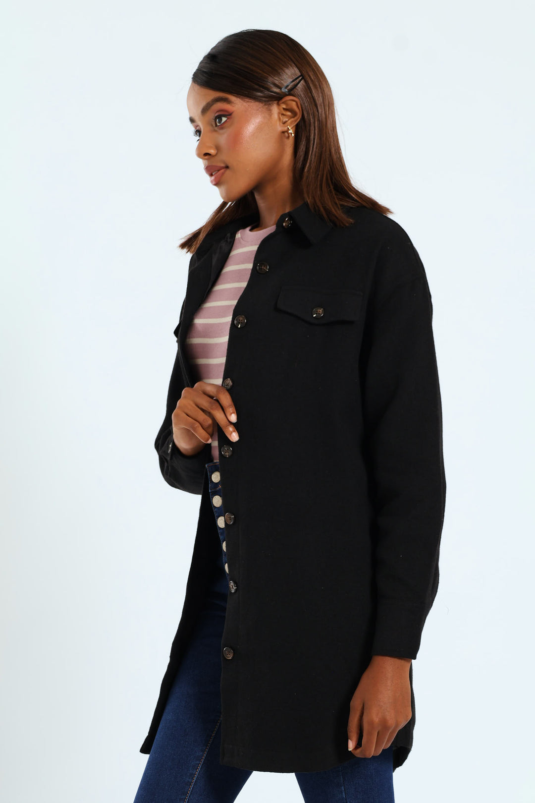 Curved Hem Lined Melton Shacket - Black
