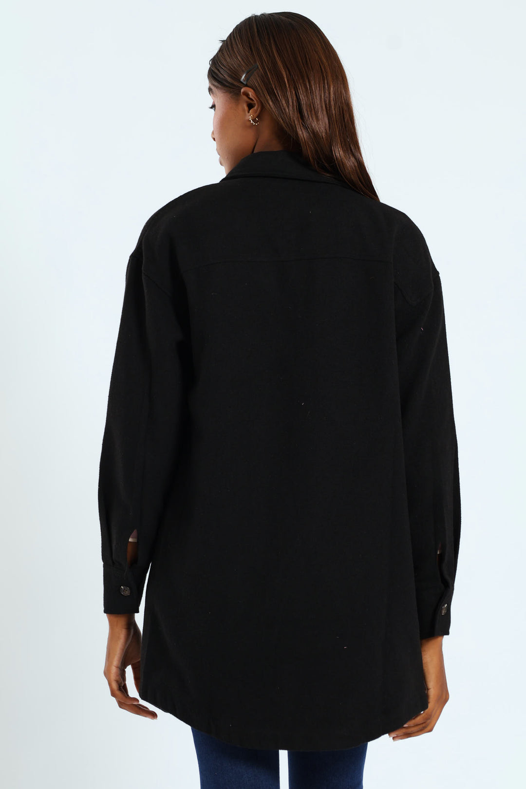 Curved Hem Lined Melton Shacket - Black