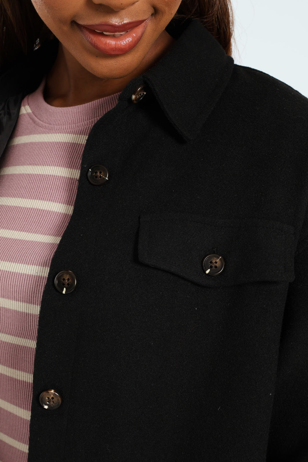 Curved Hem Lined Melton Shacket - Black