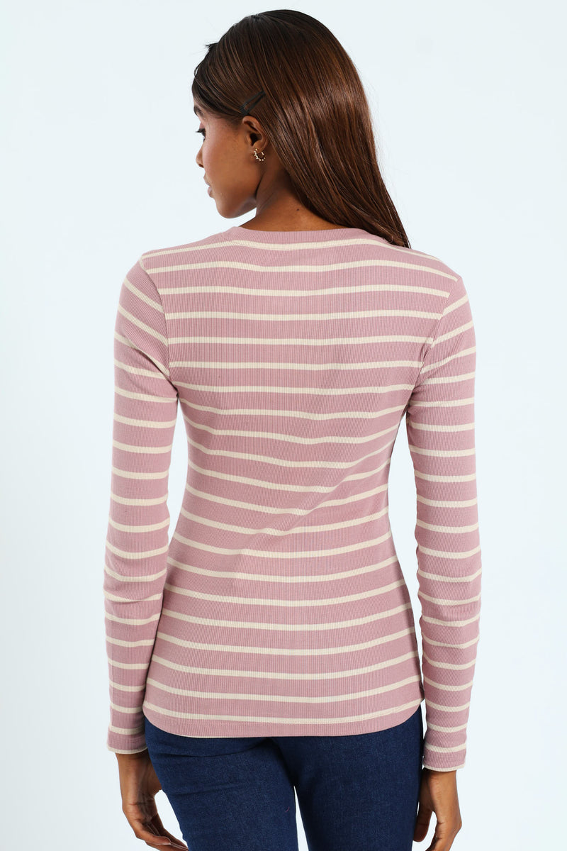 Long Sleeve Striped Rib Crew Top - Blush/Stone