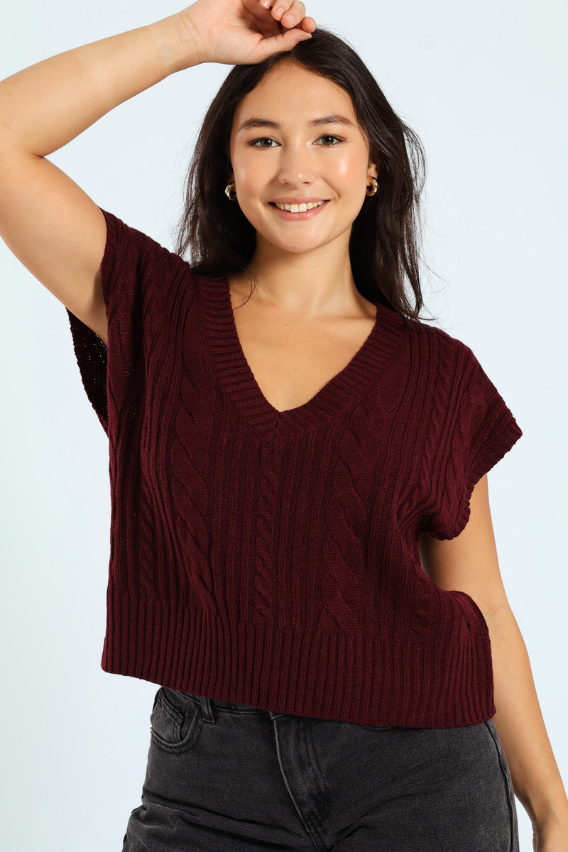 Cable Knit Vest - Burgundy