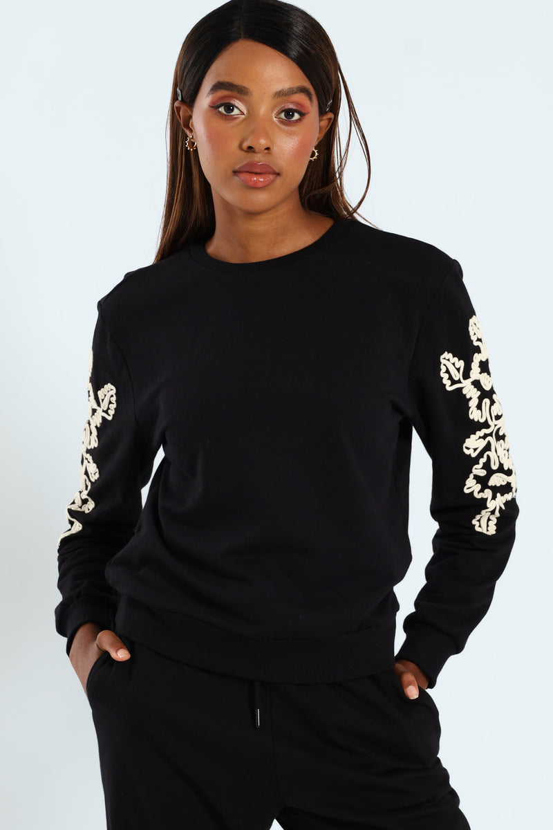 Floral Cornelli Long Sleeve Pullover - Black