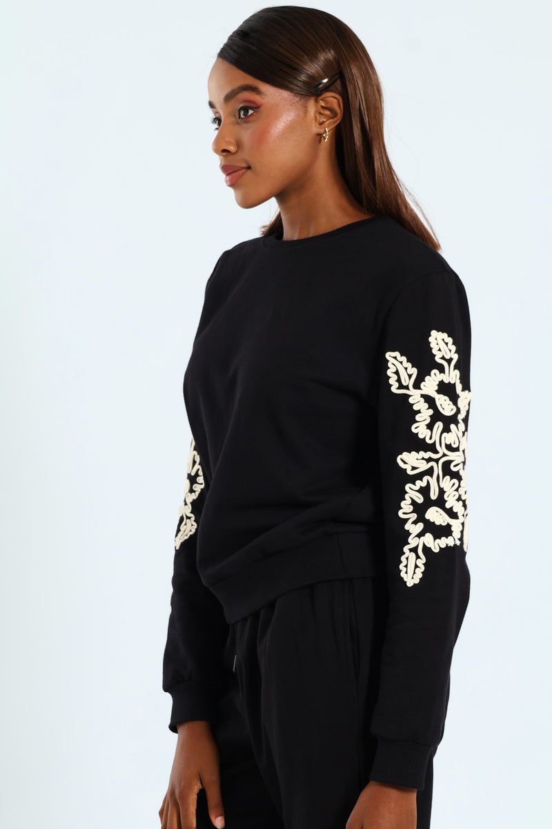 Floral Cornelli Long Sleeve Pullover - Black