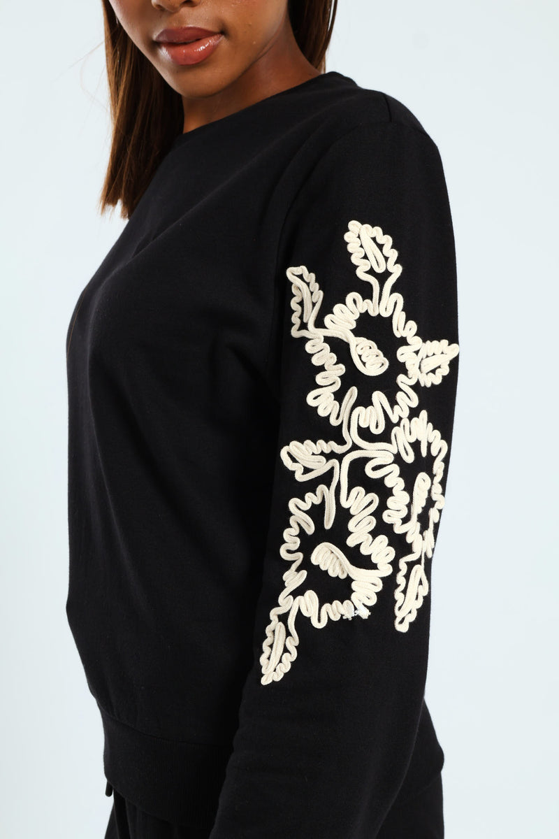 Floral Cornelli Long Sleeve Pullover - Black