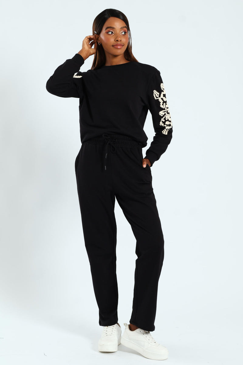 Wide Leg Cotton Fleece Jogger - Black