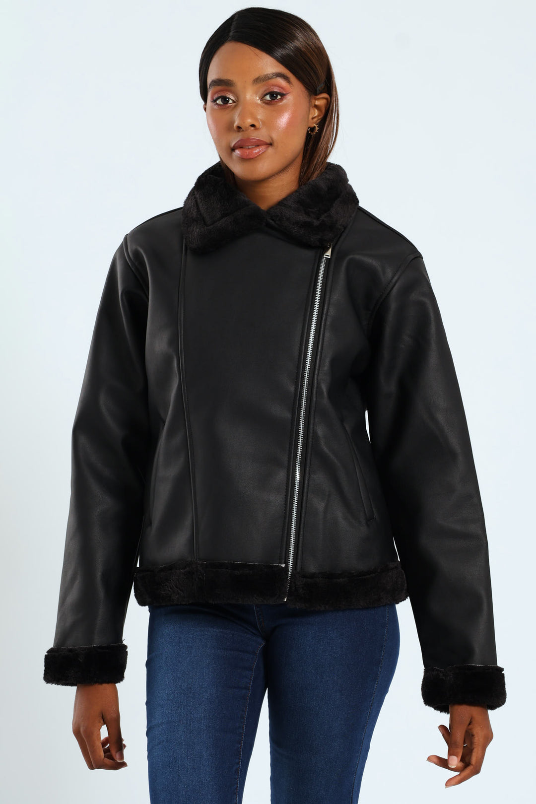 Tonal Fur Lined PU Aviator Jacket - Black