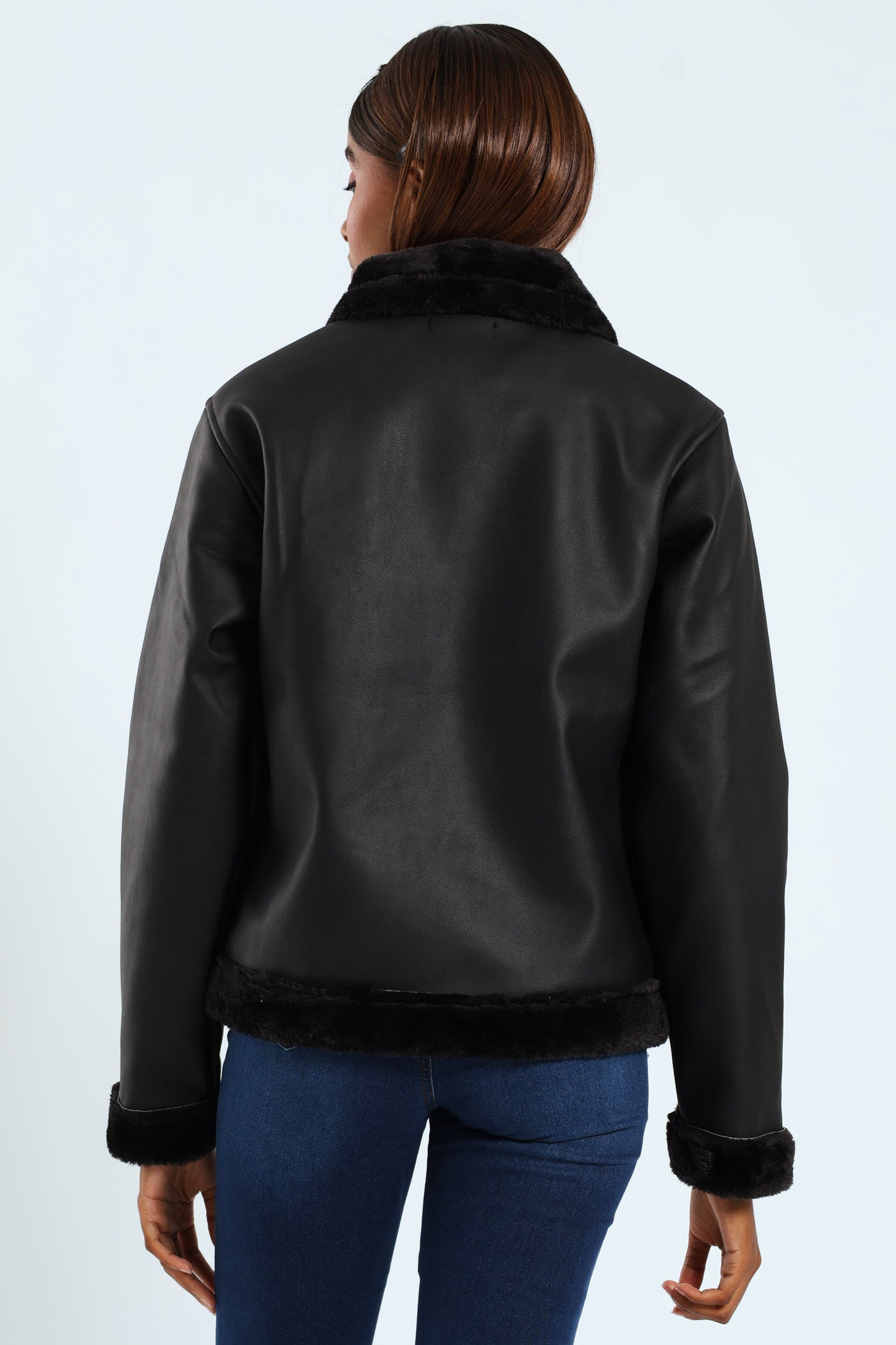 Ladies Tonal Fur Lined PU Aviator Jacket - Black – Edgars