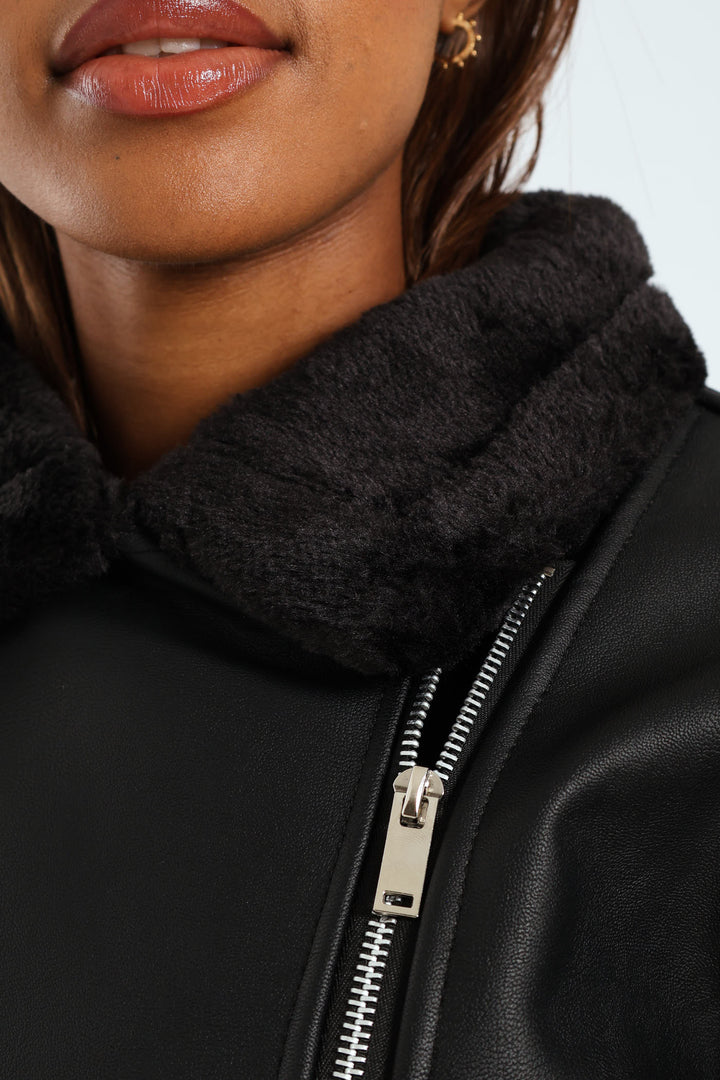Tonal Fur Lined PU Aviator Jacket - Black