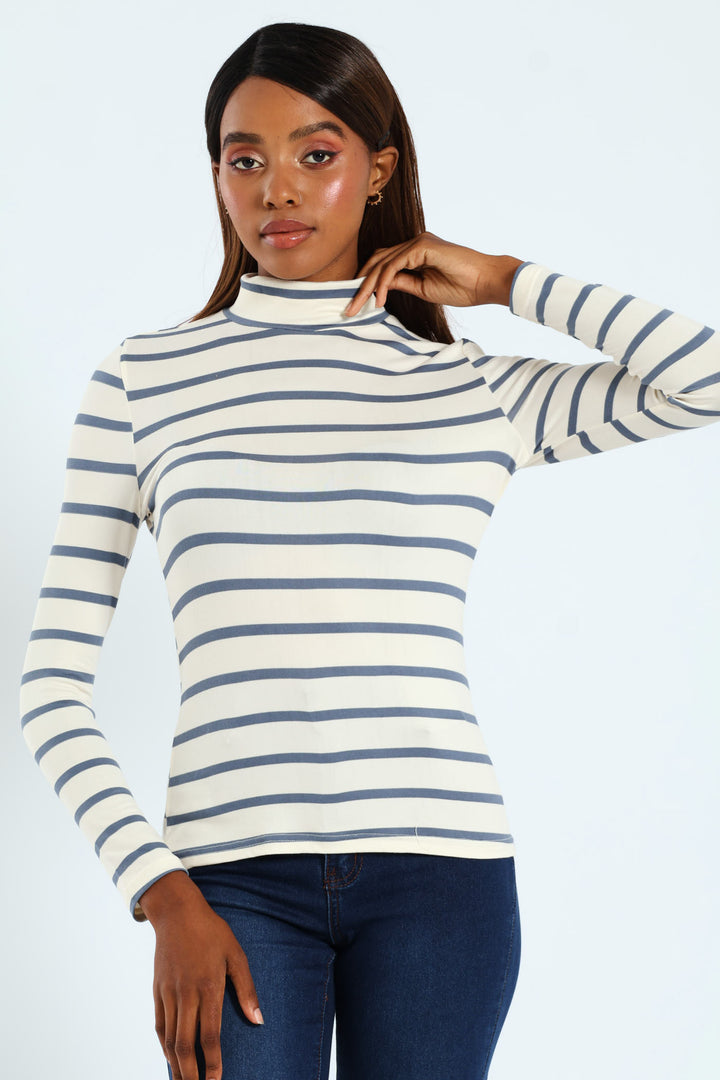 Basic Striped Poloneck - Cream/Smokey Blue