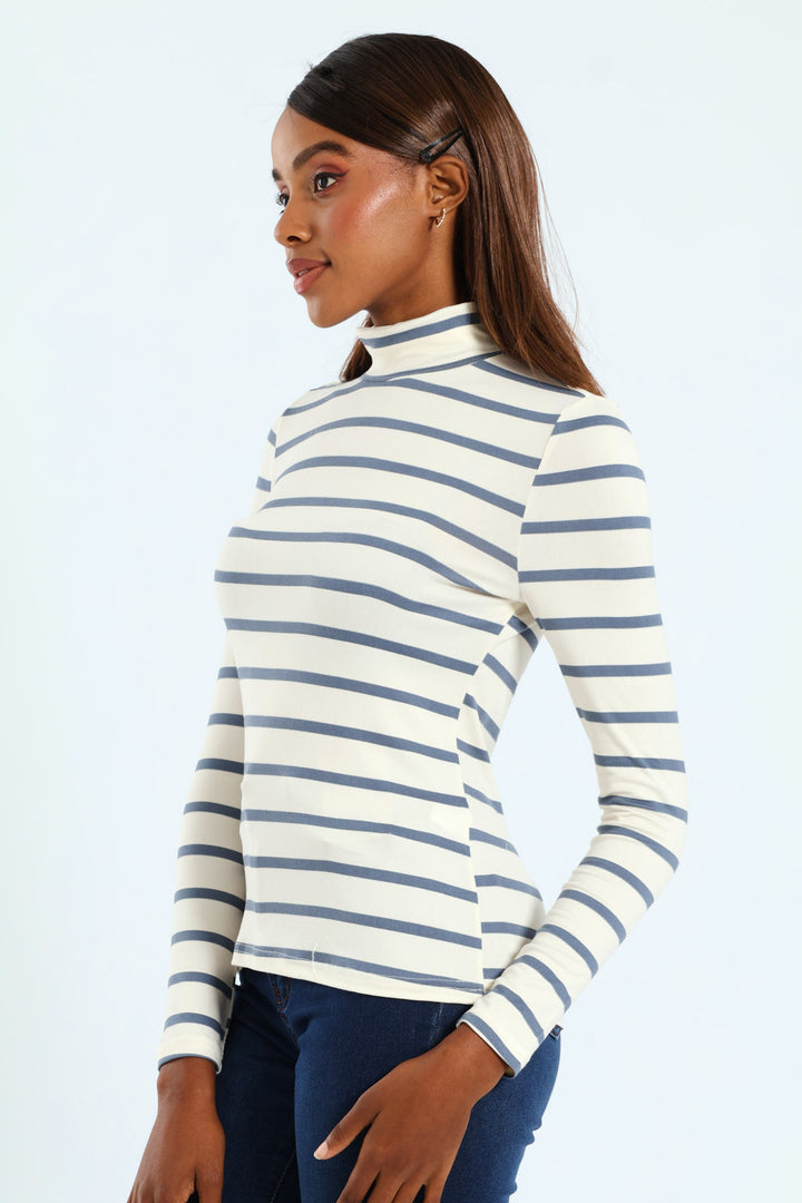 Basic Striped Poloneck - Cream/Smokey Blue