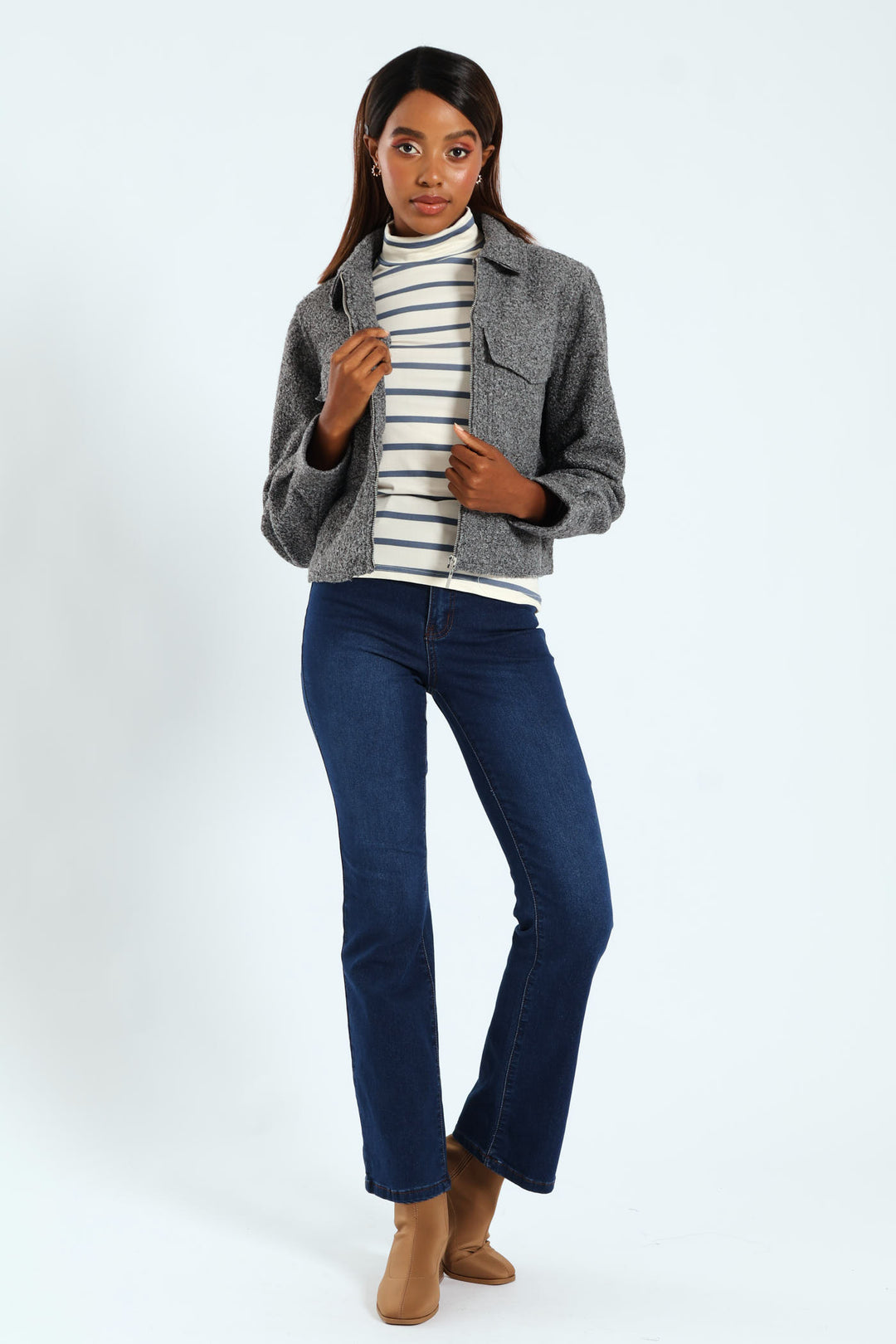 Boucle Zip Through Bomber - Grey Melange