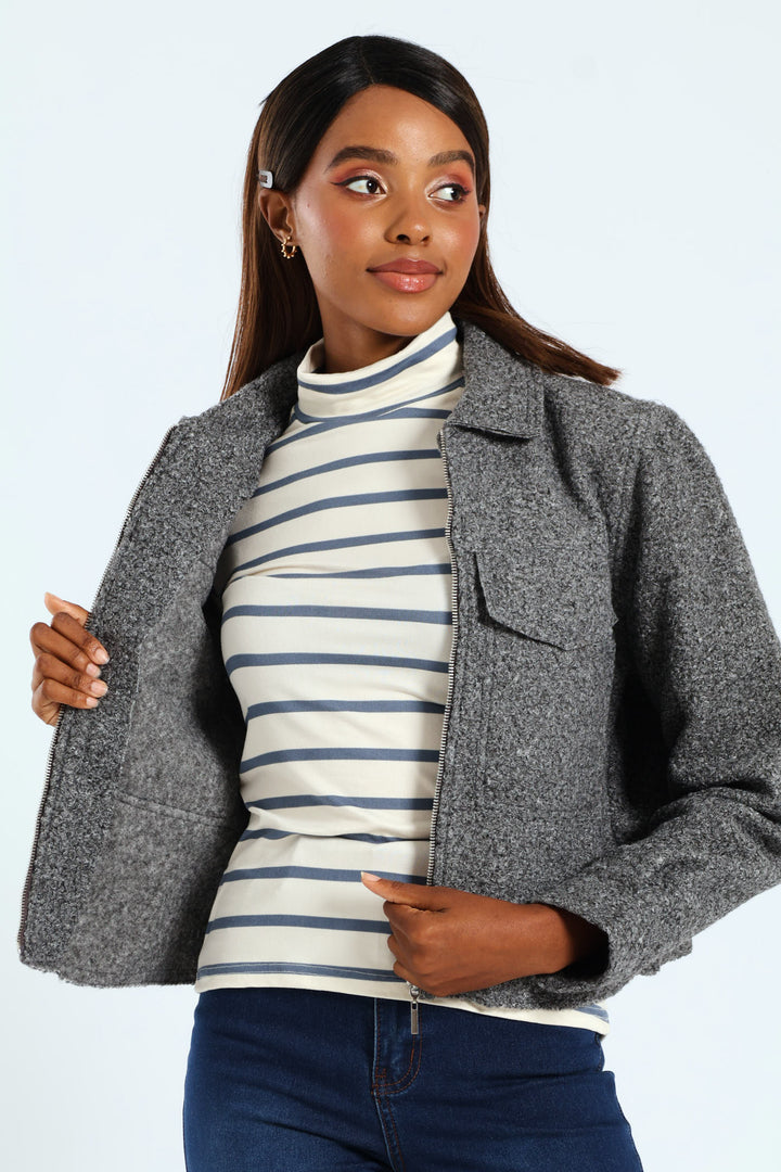 Boucle Zip Through Bomber - Grey Melange