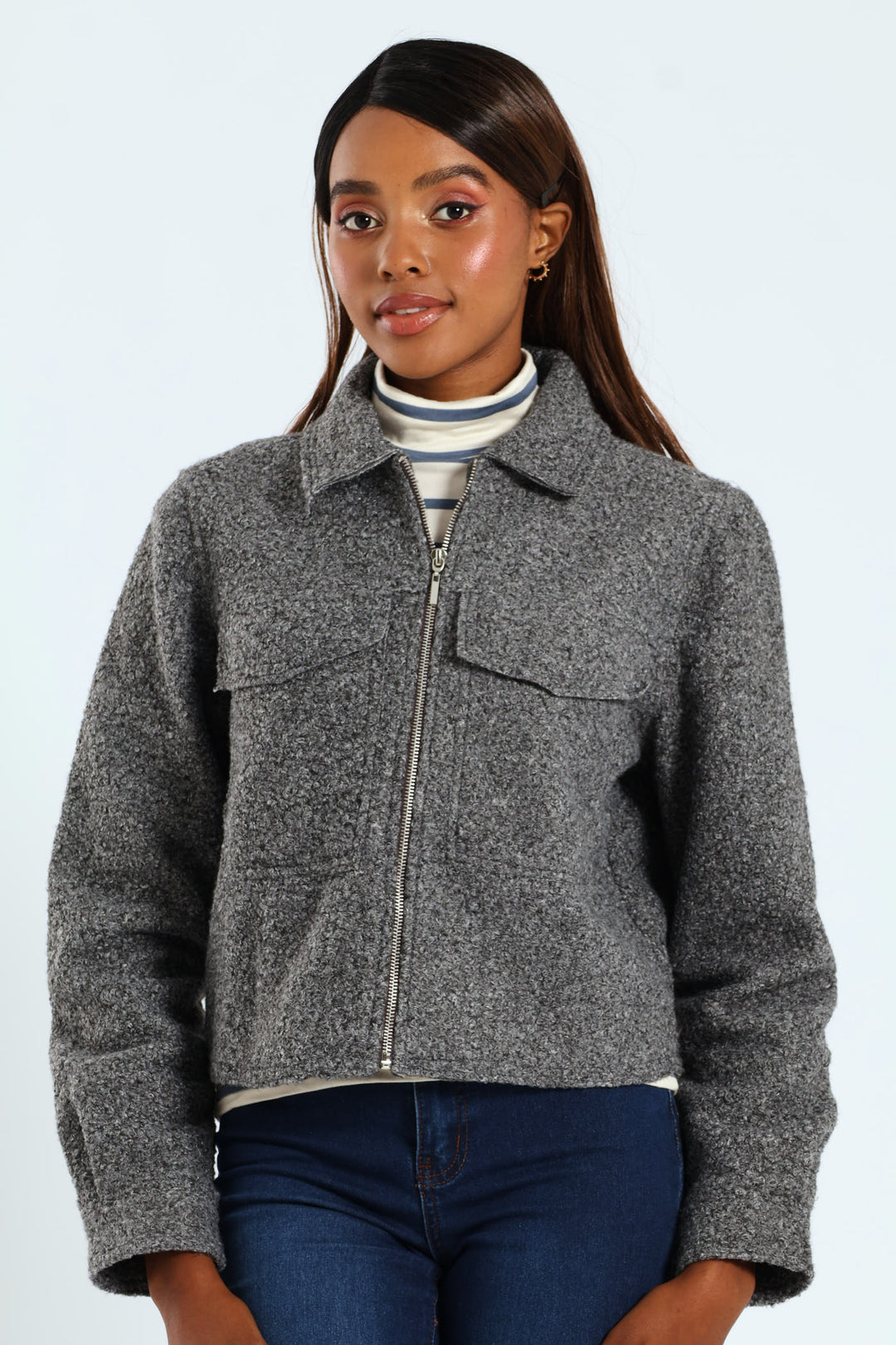 Boucle Zip Through Bomber - Grey Melange