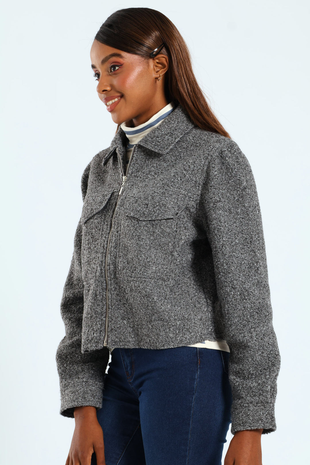 Boucle Zip Through Bomber - Grey Melange