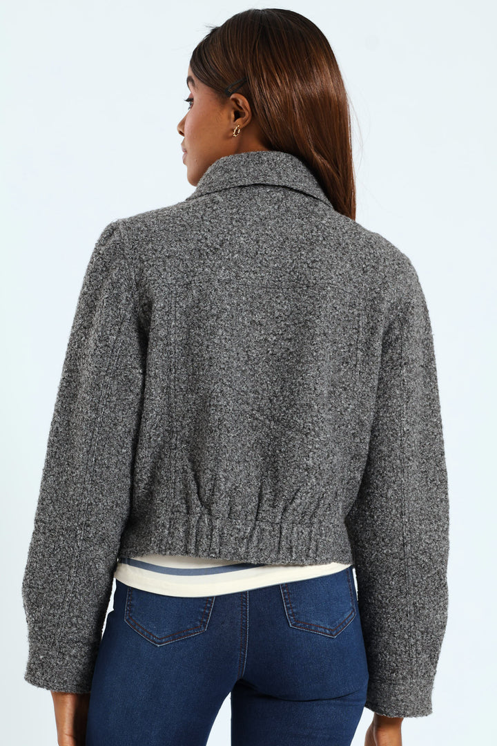 Boucle Zip Through Bomber - Grey Melange