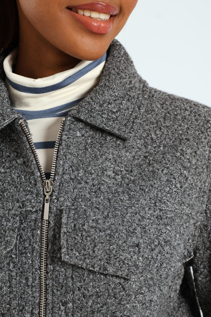 Boucle Zip Through Bomber - Grey Melange