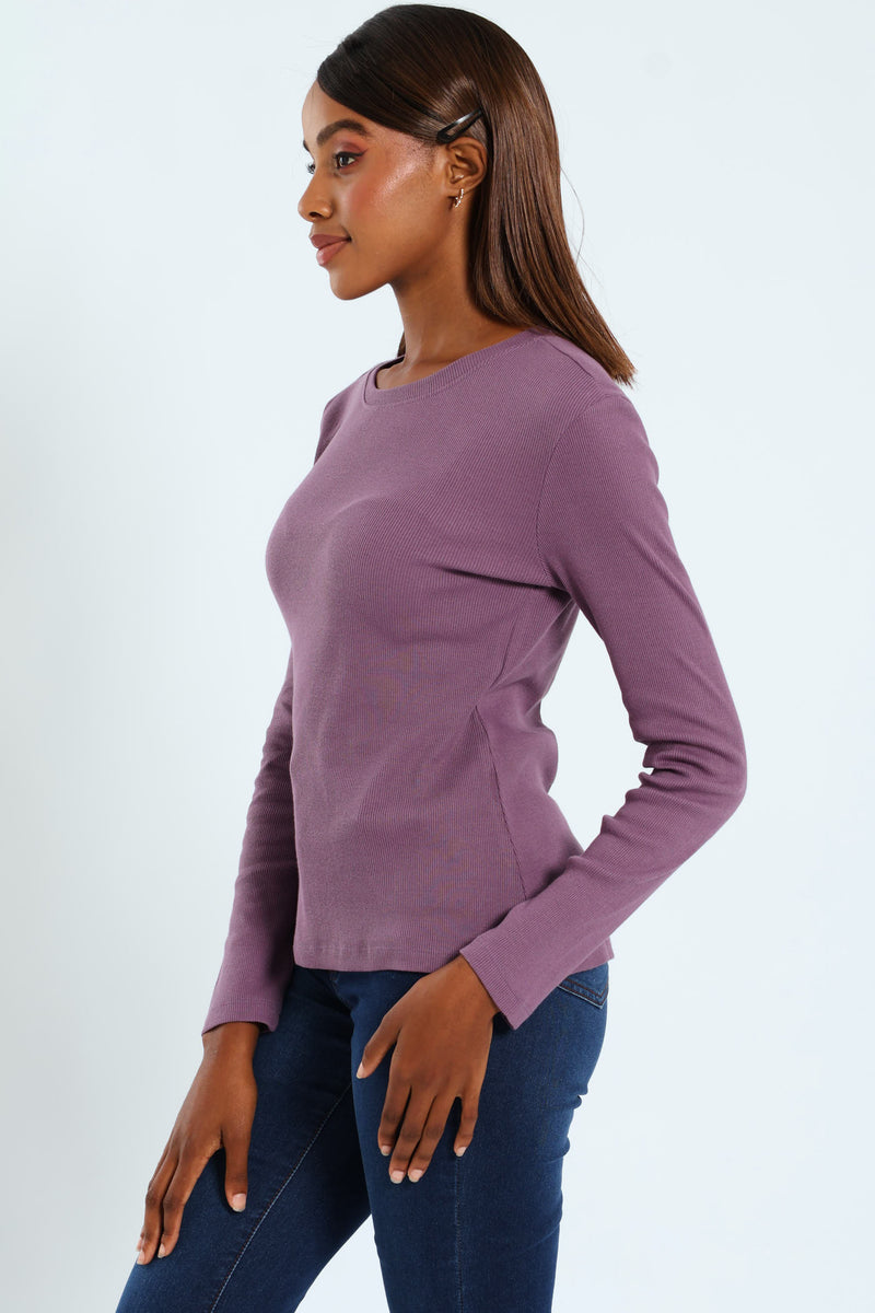 Long Sleeve Rib Crew Top - Plum