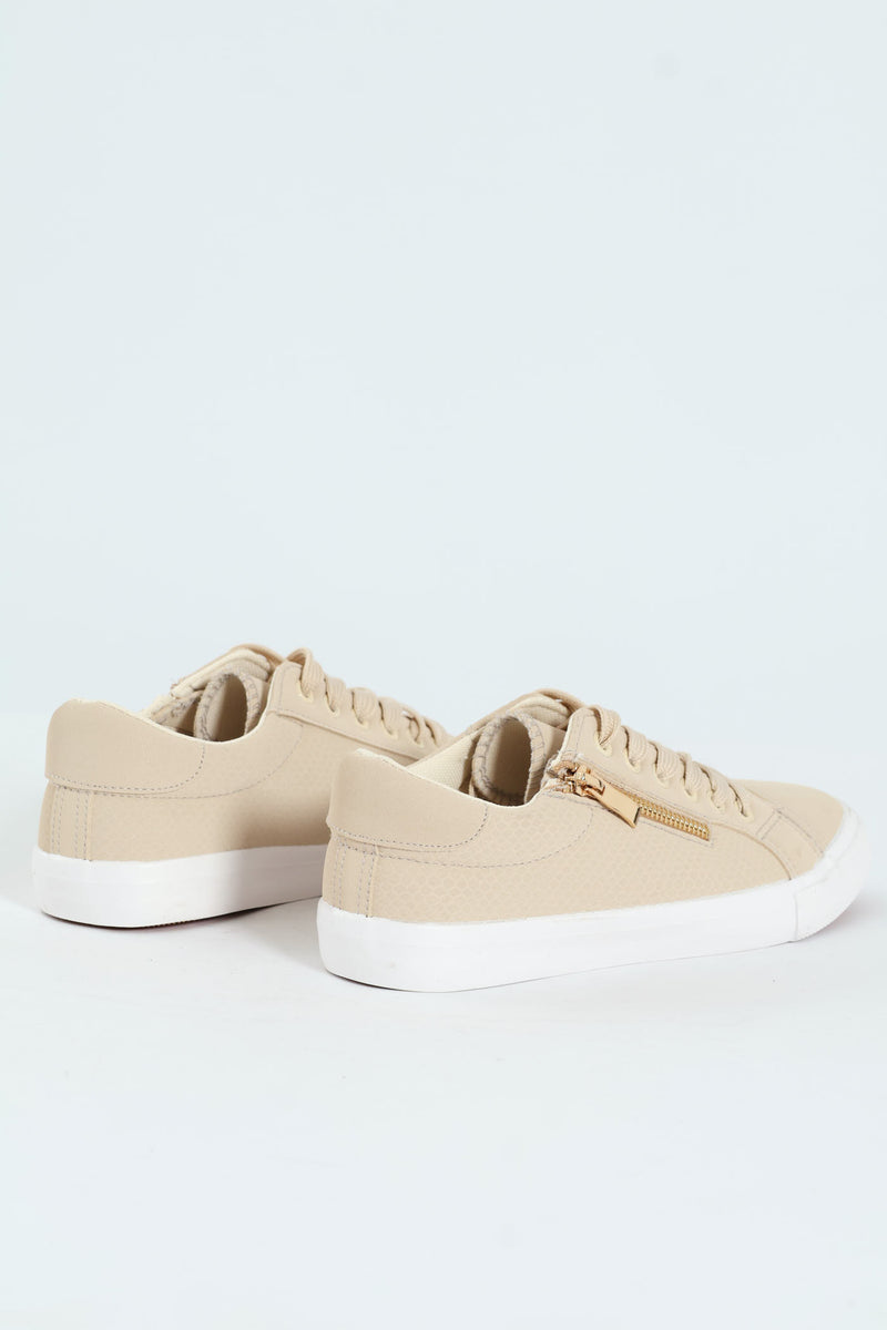 Lace Up Textured Sneaker With Zip - Stone