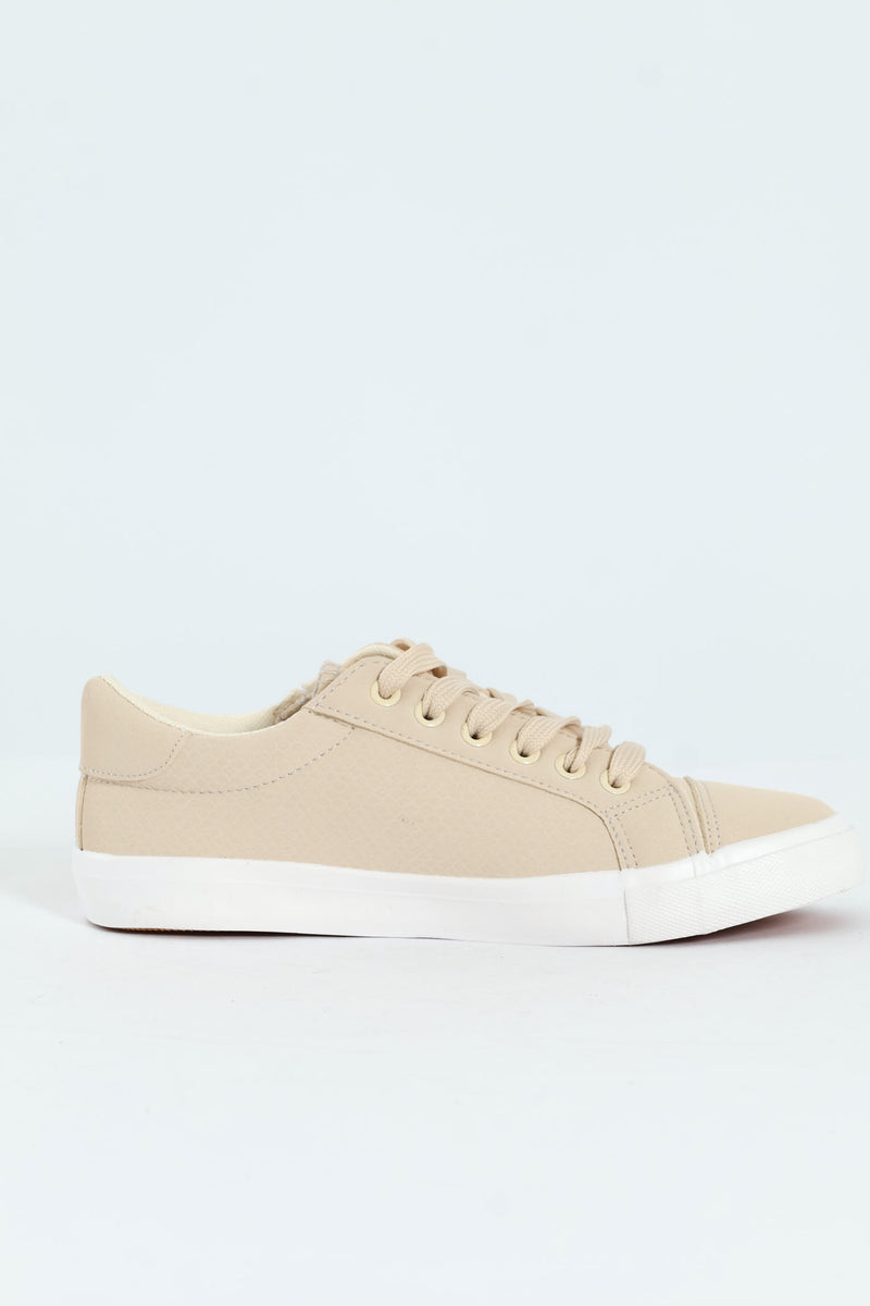 Lace Up Textured Sneaker With Zip - Stone