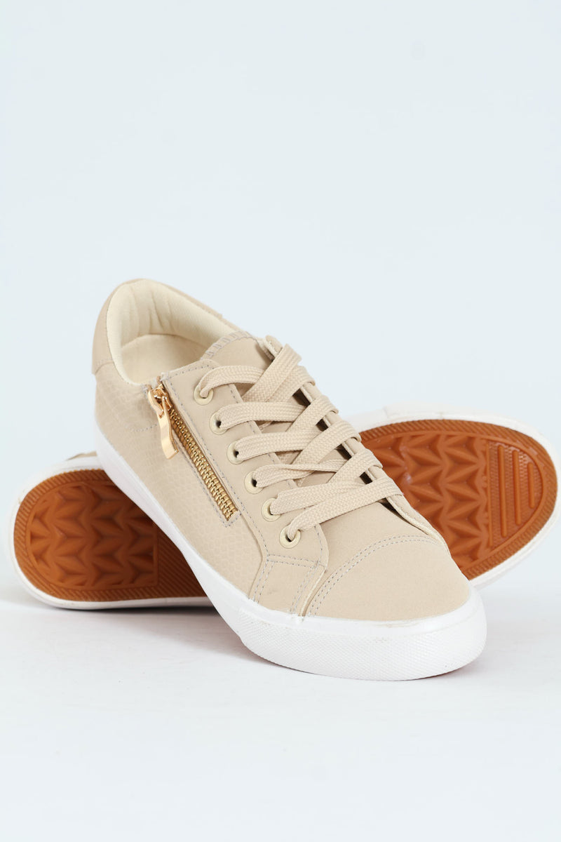 Lace Up Textured Sneaker With Zip - Stone