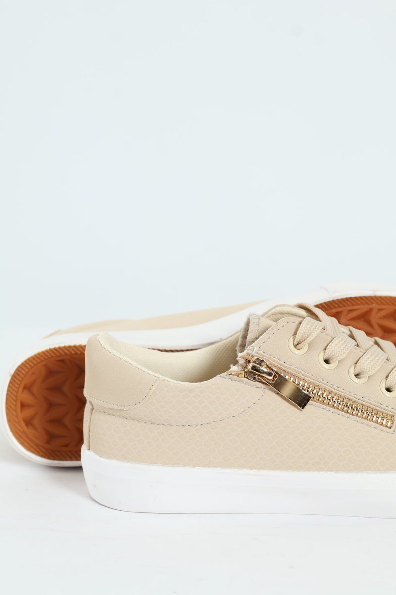 Lace Up Textured Sneaker With Zip - Stone
