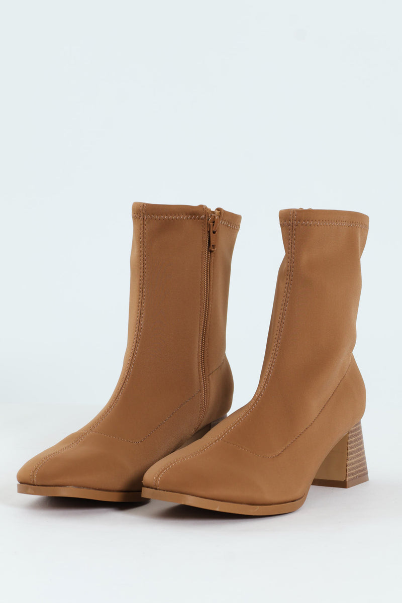 Square Toe Pull Up Ankle Boot - Beige