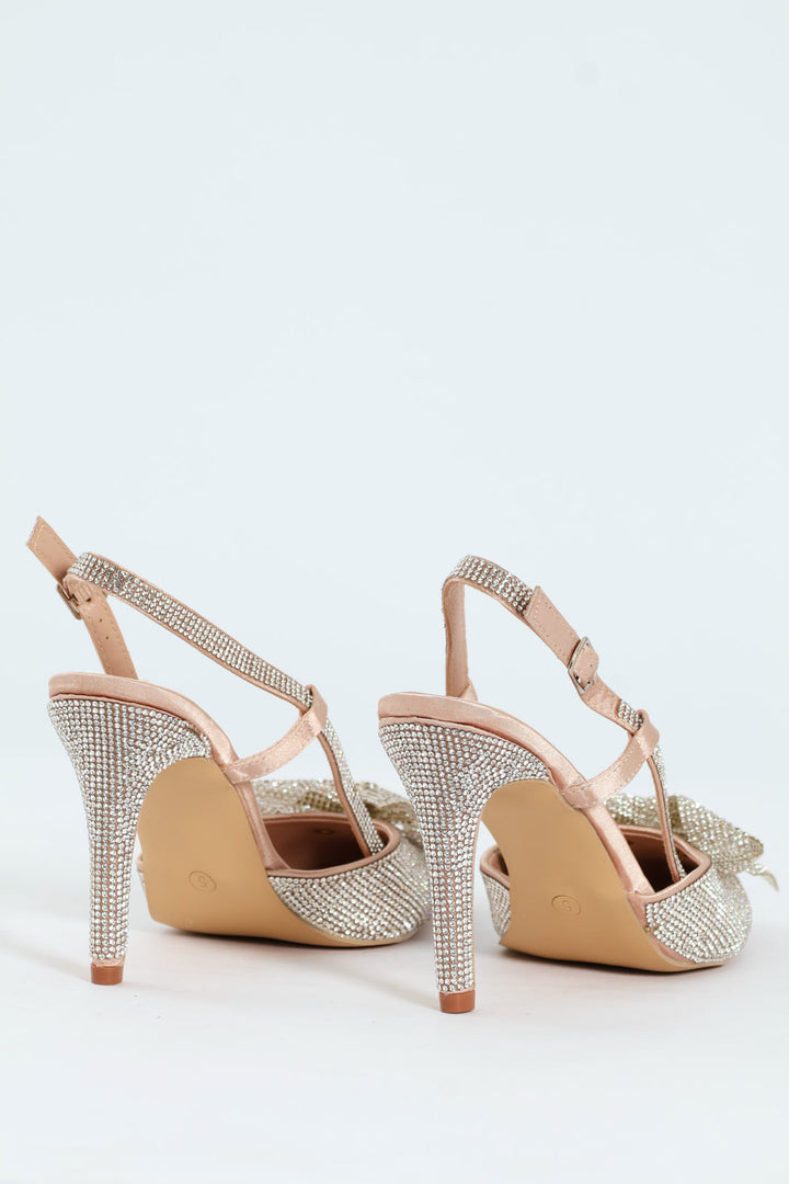 Diamante Encrusted With Bow Detail Slingback Heel - Silver