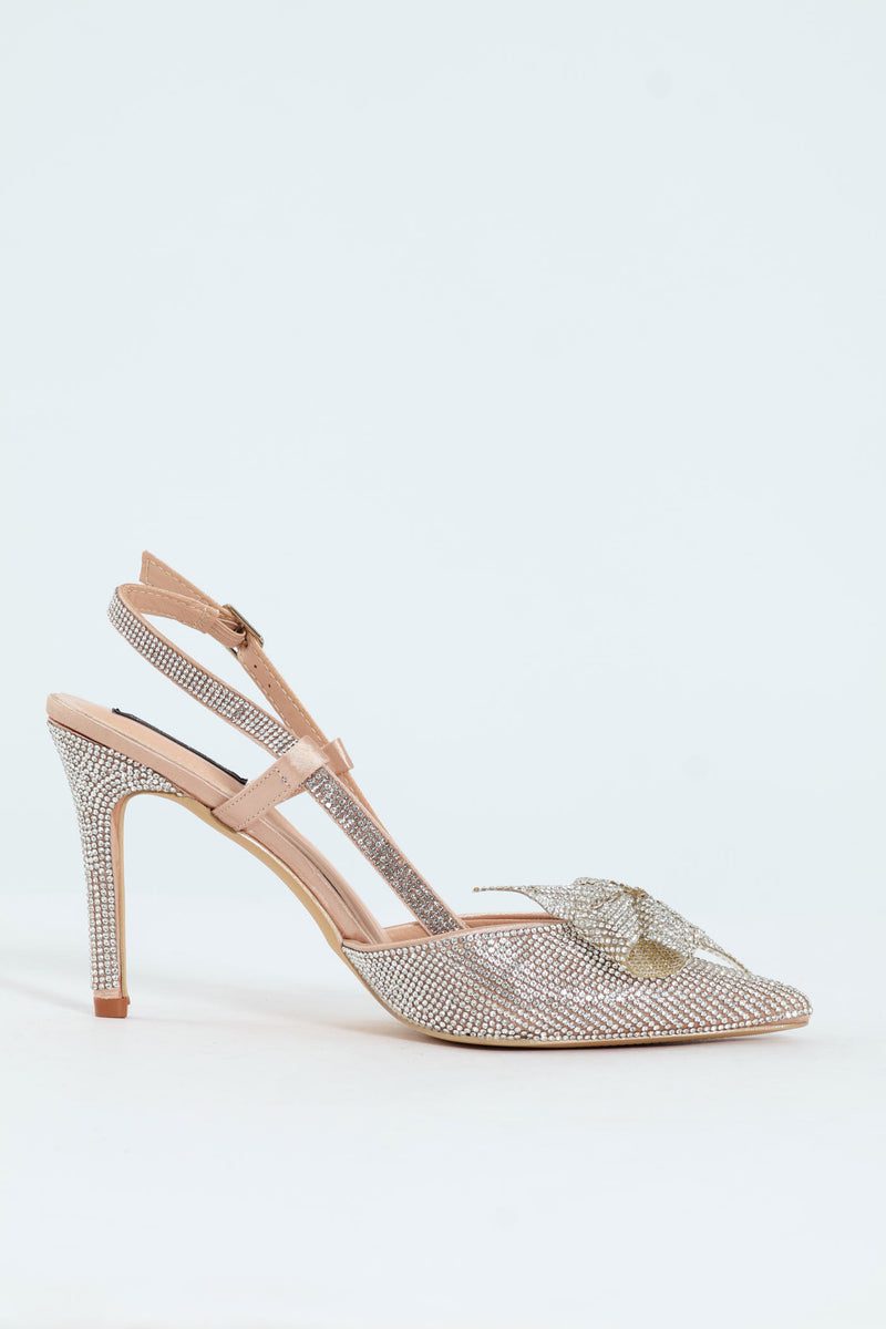 Diamante Encrusted With Bow Detail Slingback Heel - Silver