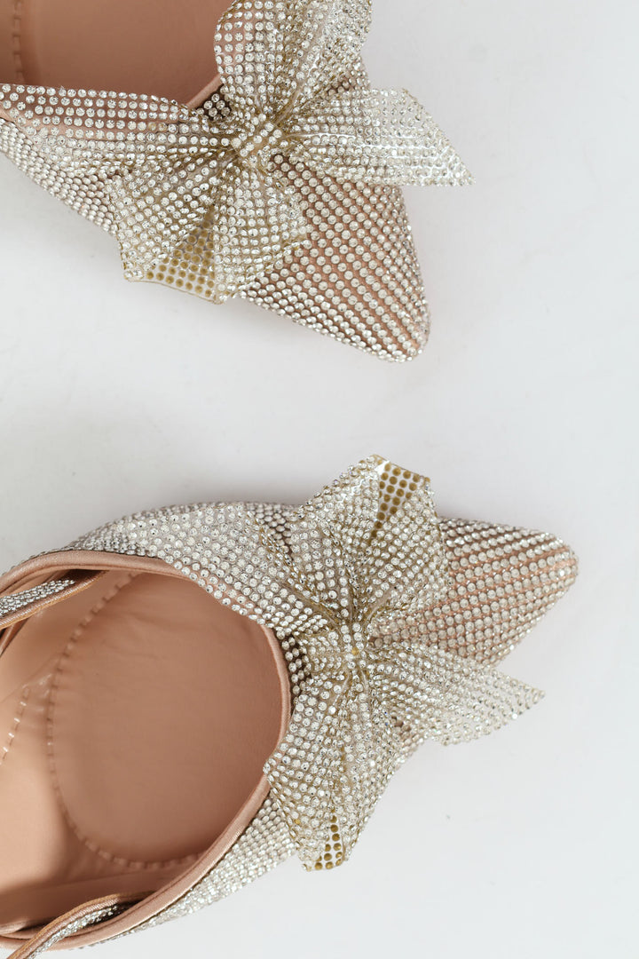 Diamante Encrusted With Bow Detail Slingback Heel - Silver