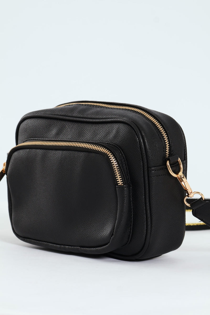Front Zip Camera Bag With Webbing Strap - Black