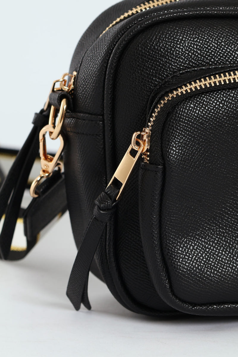 Front Zip Camera Bag With Webbing Strap - Black