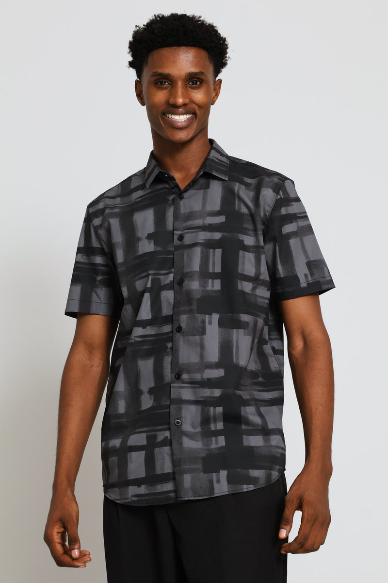 Short Sleeve Tonal Paint Stroke Textured Shirt - Black