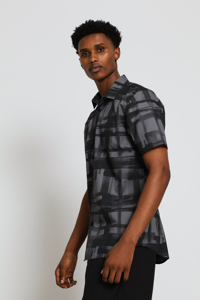 Short Sleeve Tonal Paint Stroke Textured Shirt - Black