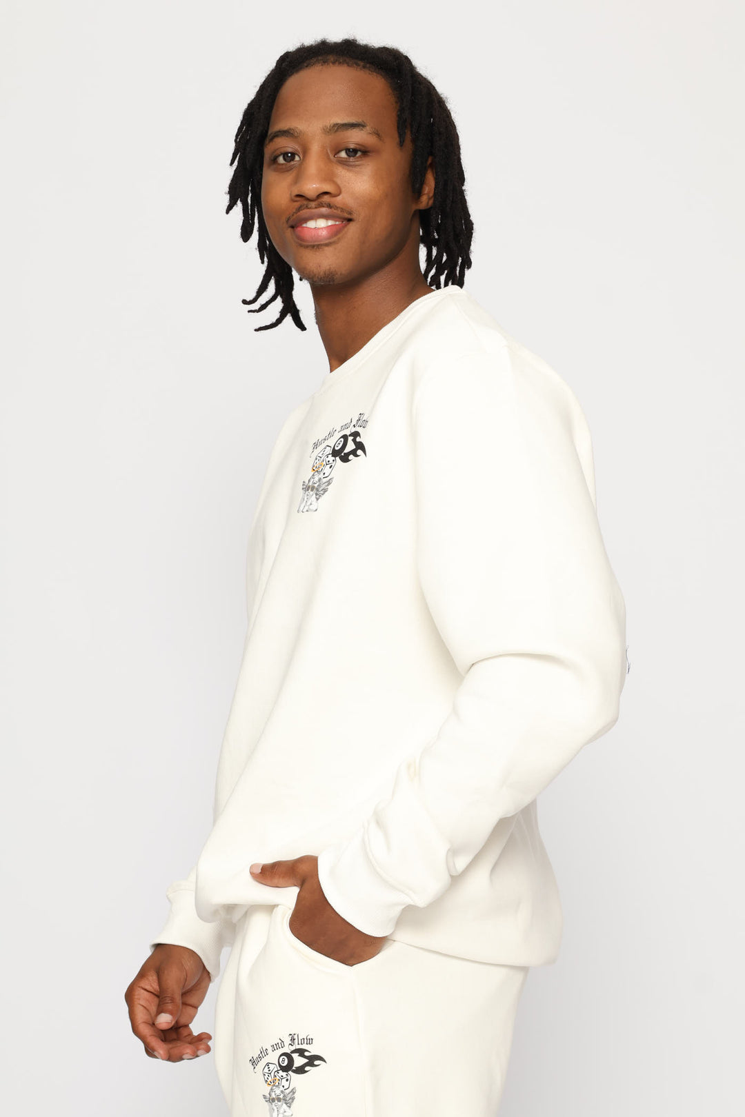 Hustle & Flow Printed Fleece Crew Top - Ecru