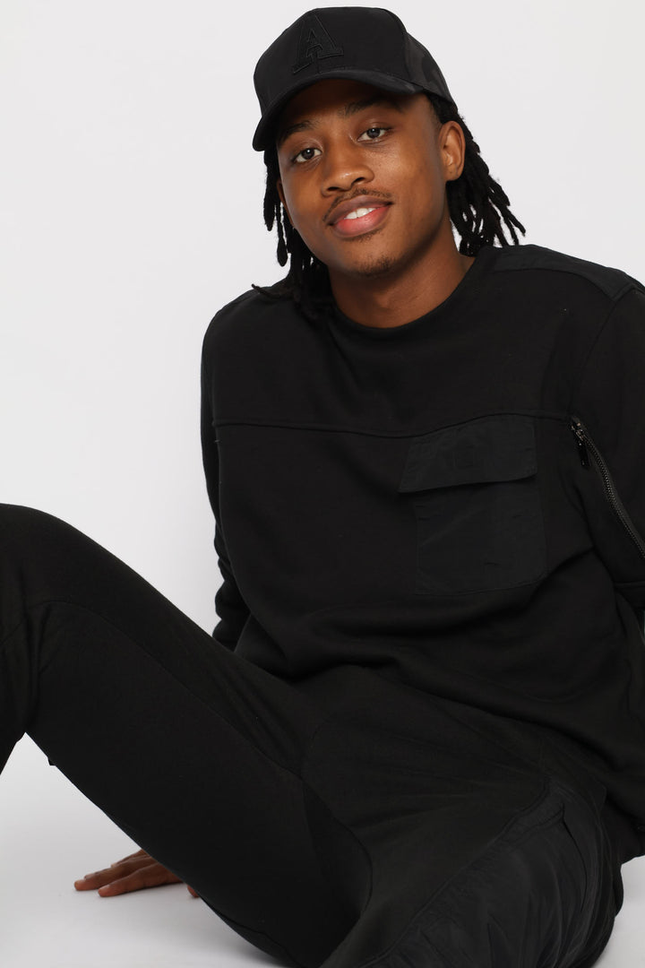 Hybrid Pocket Detail Fleece Crew Top - Black