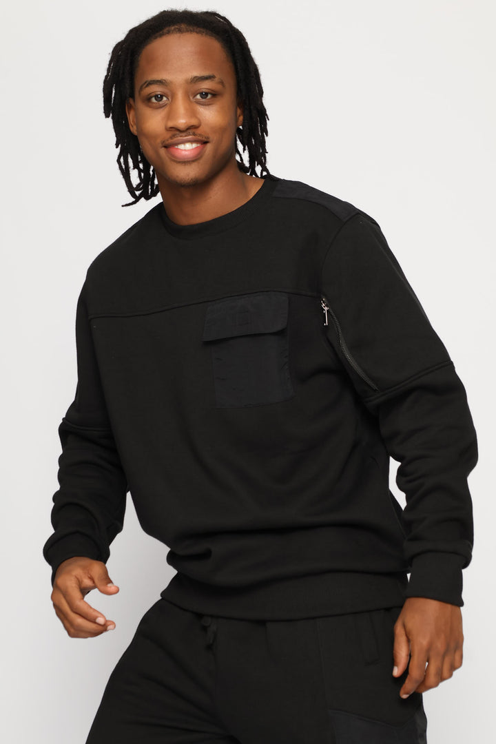 Hybrid Pocket Detail Fleece Crew Top - Black