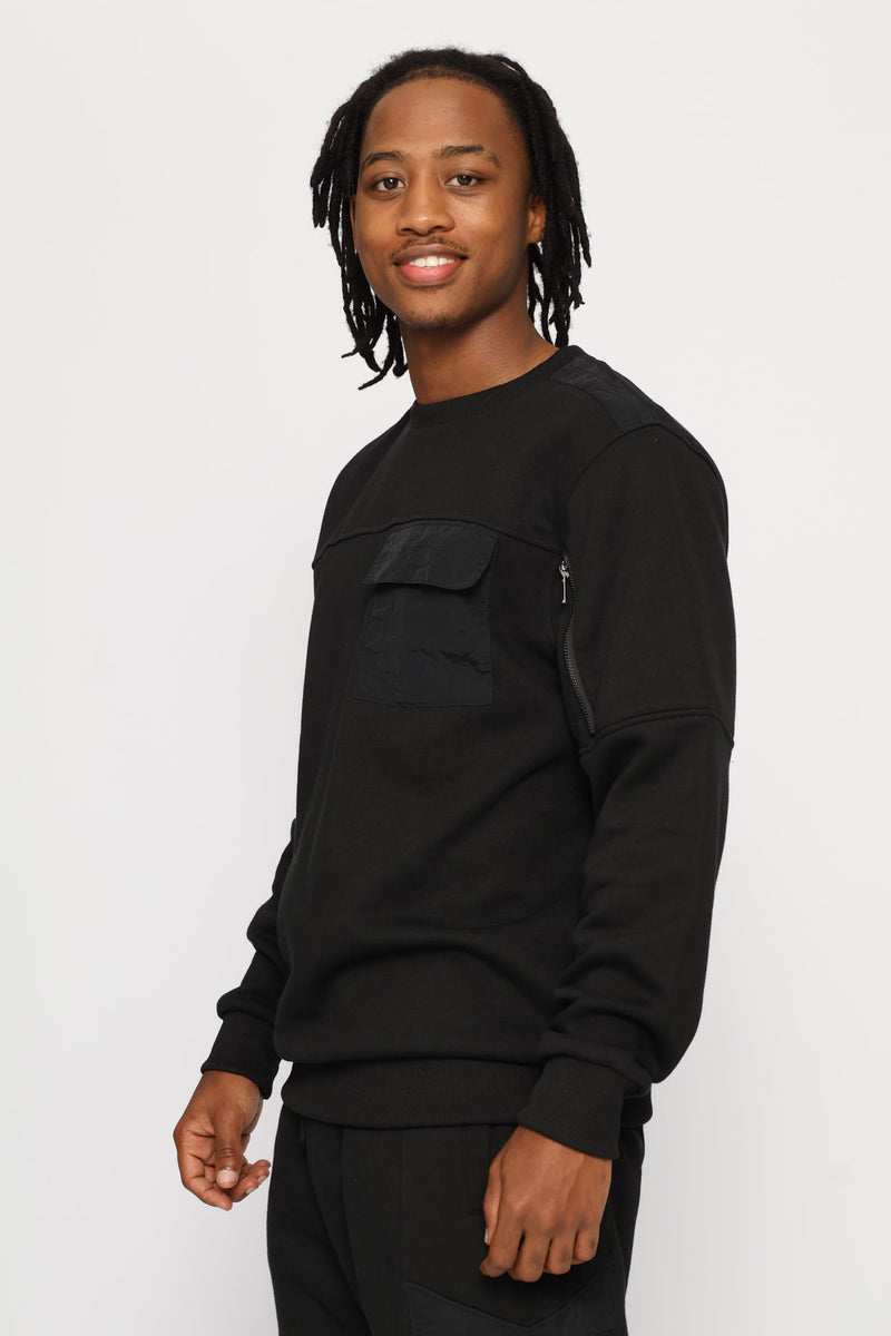 Hybrid Pocket Detail Fleece Crew Top - Black