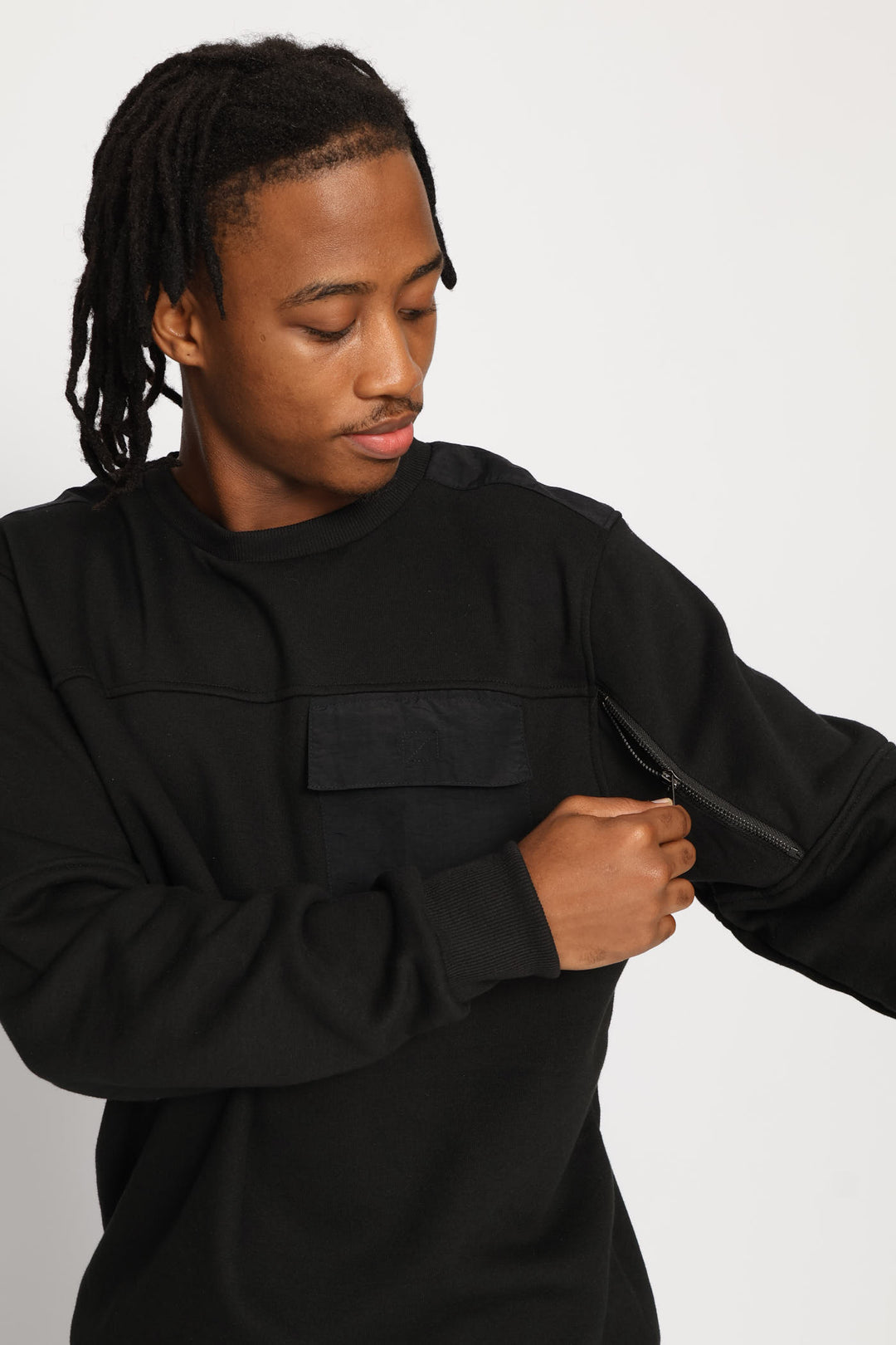 Hybrid Pocket Detail Fleece Crew Top - Black