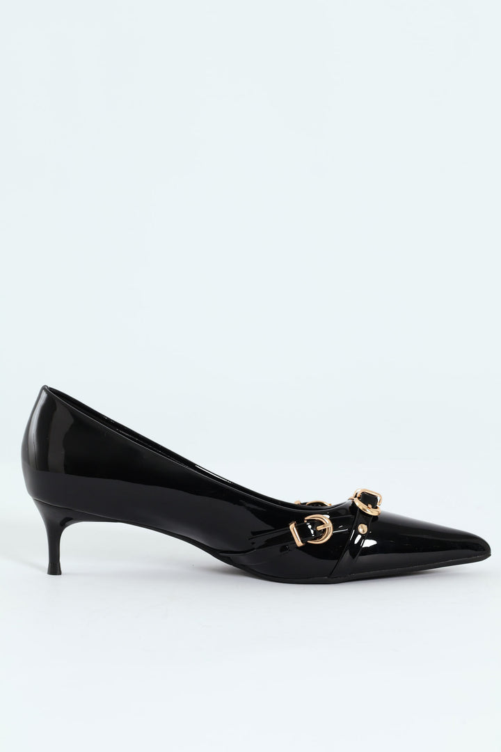 Tait 1 Pointed Toe Buckle Kitten Court Heel - Black