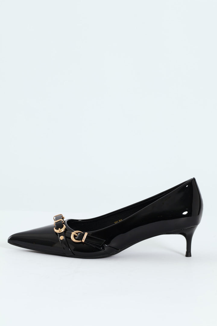 Tait 1 Pointed Toe Buckle Kitten Court Heel - Black