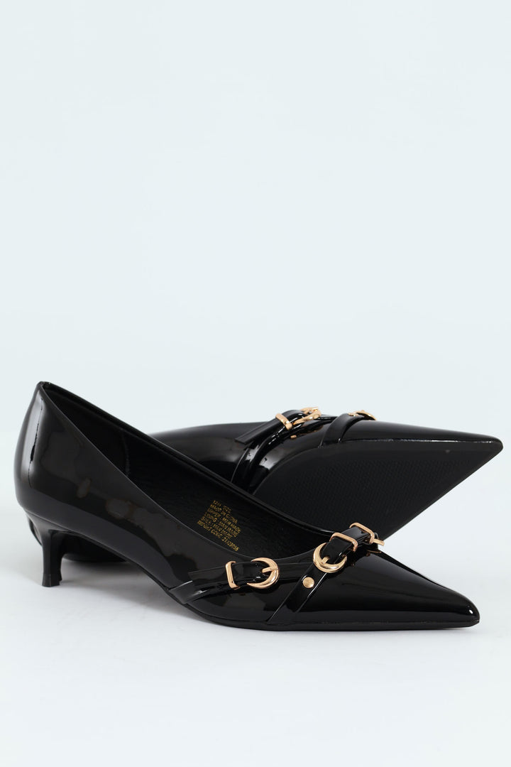 Tait 1 Pointed Toe Buckle Kitten Court Heel - Black