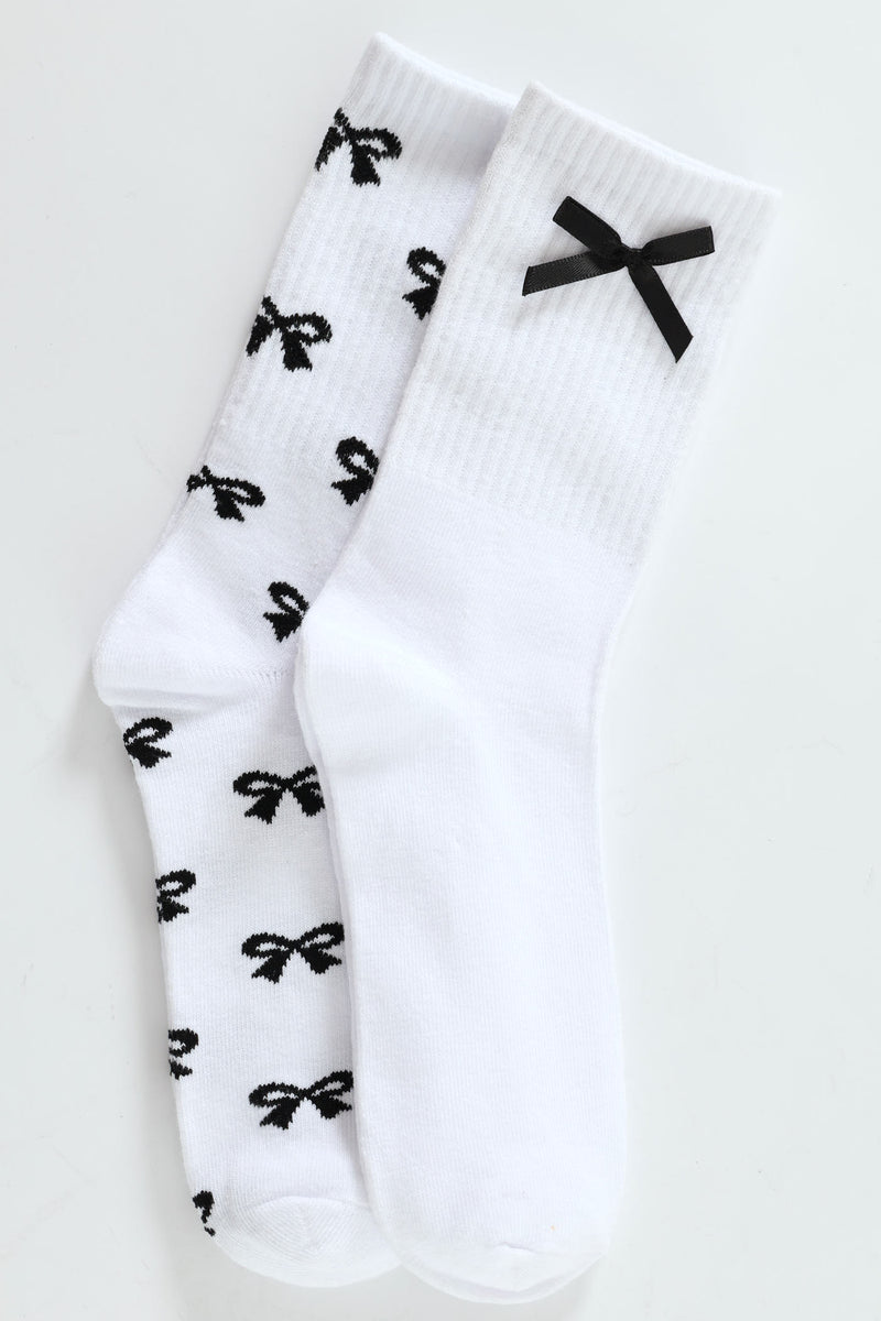 2 Pack Bows Crew Socks - White